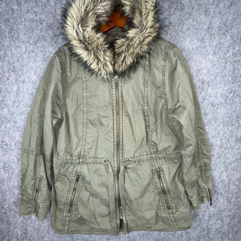 Gap Parka Jacket Womens Large Green Faux Fur Hood Sherpa Lined Utility Anorak